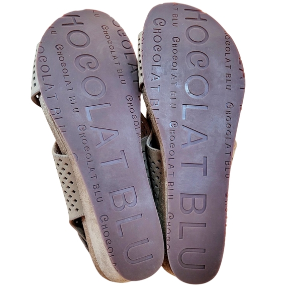 CHOCOLAT BLU Theo Perforated Leather & Suede Low Wedge Sandals Khaki Tan Size 8 - Picture 8 of 9